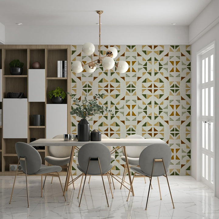 Triangles Composition Foliage Wallpaper — stylish mix of green hues and earthy accents.