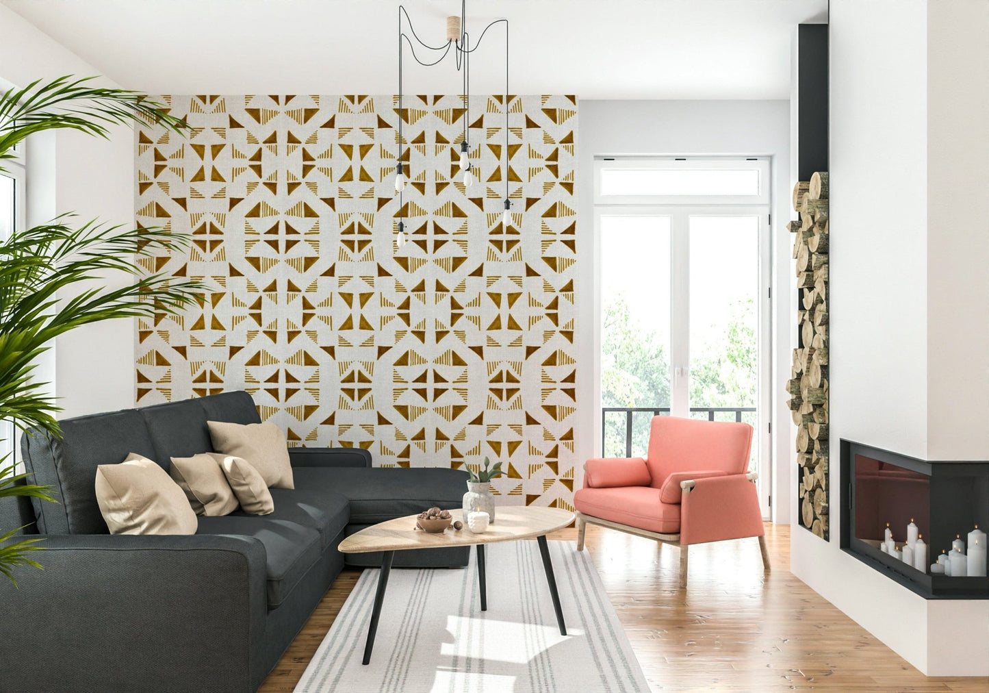 Abstract triangle pattern wallpaper in metallic gold hues for a luxurious, contemporary look.