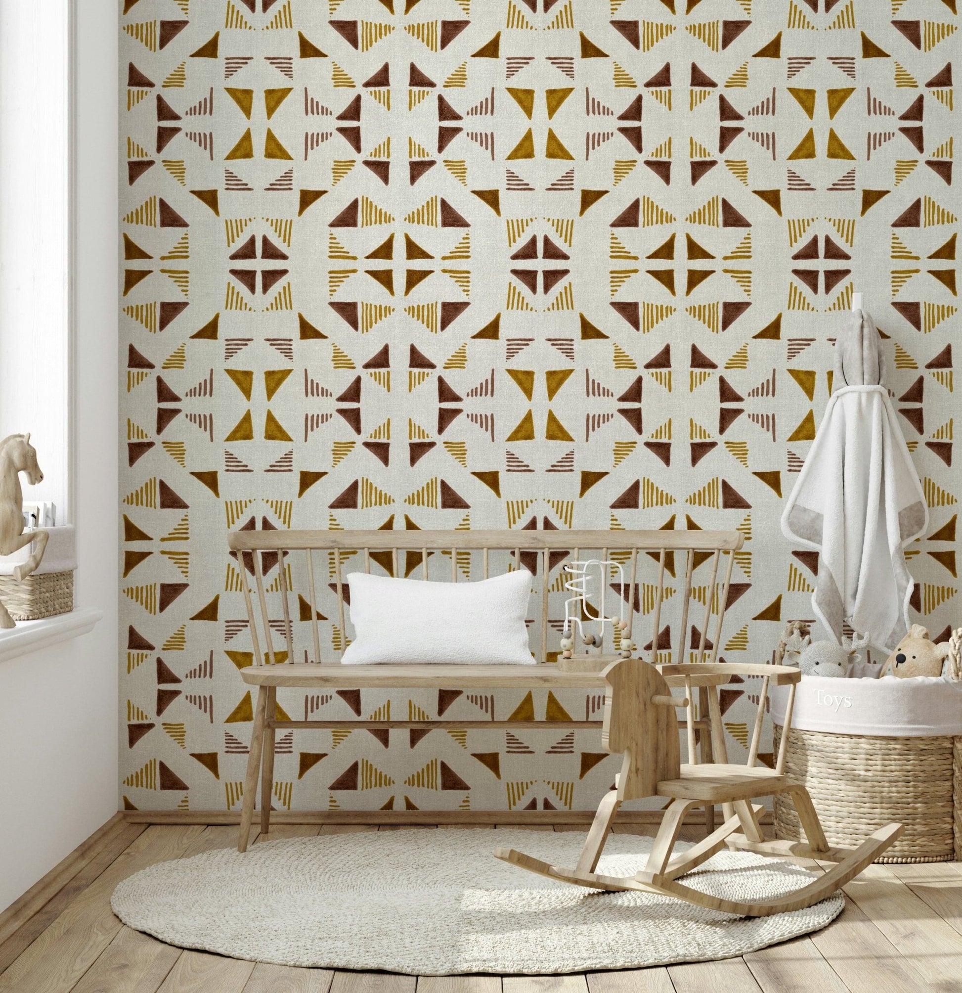 Cozy home wallpaper with artistic triangle geometry and subtle wooden warmth.