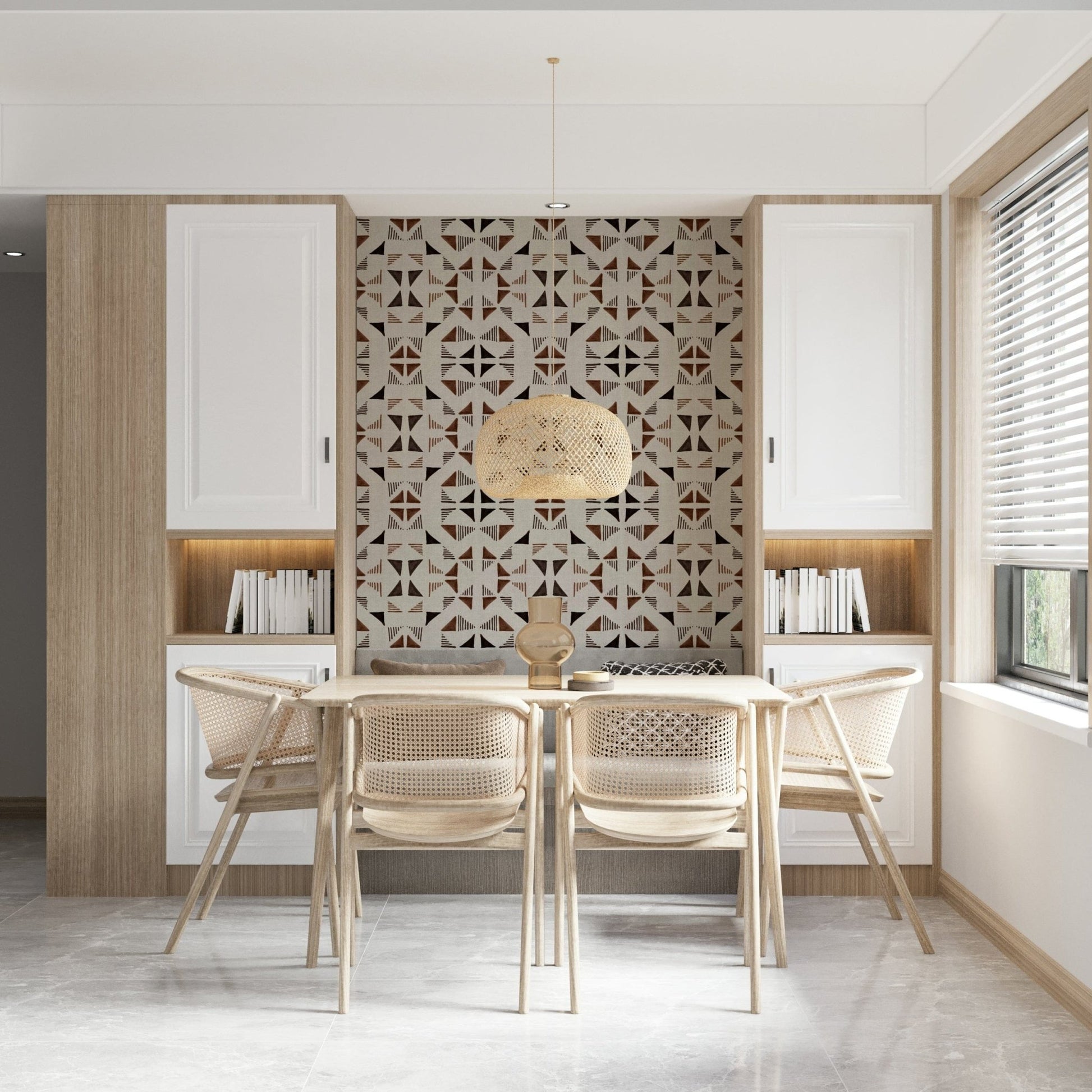 Scandinavian-inspired wooden triangle wallpaper for living rooms and minimalist spaces.