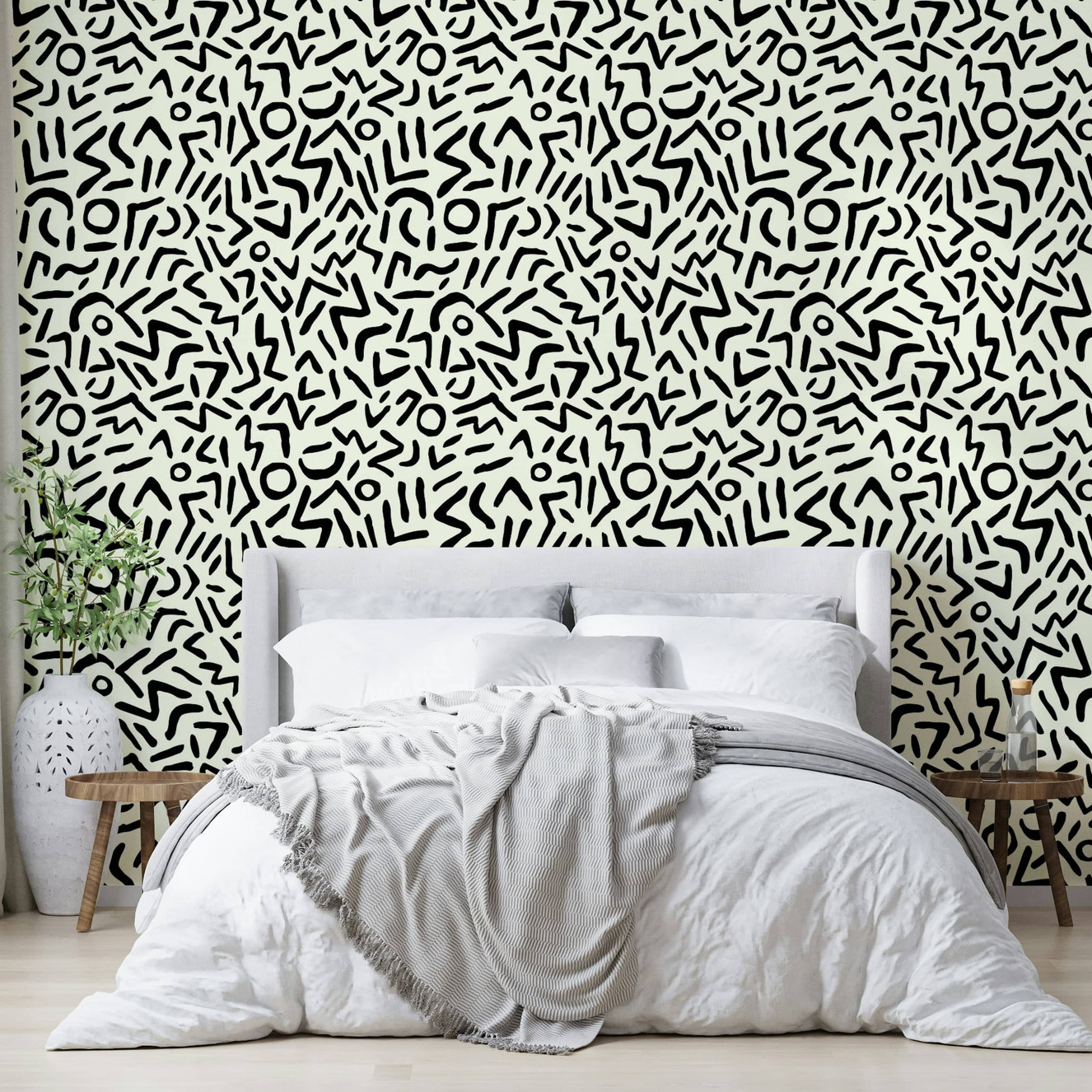 Black ink doodle wallpaper with geometric tribal shapes
