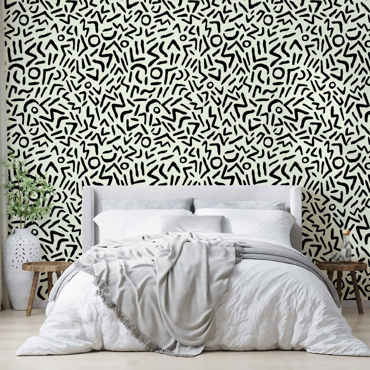 Hand Drawn Abstract Tribal Wallpaper on a living room wall

