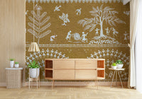 Tribal Dance Wall Mural featuring abstract dancing figures in a modern apartment.