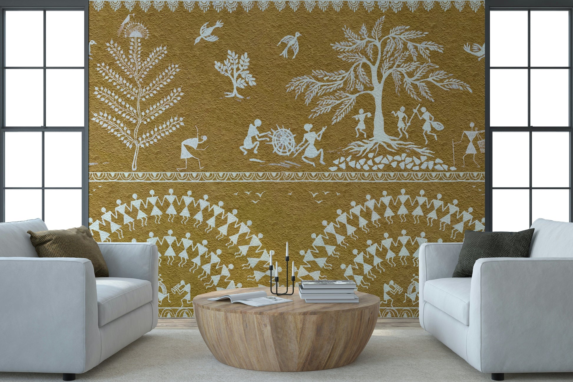 Minimalist ethnic pattern mural on a feature wall in a home office.