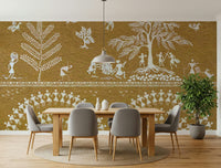 Neutral colored abstract mural for a contemporary studio apartment.