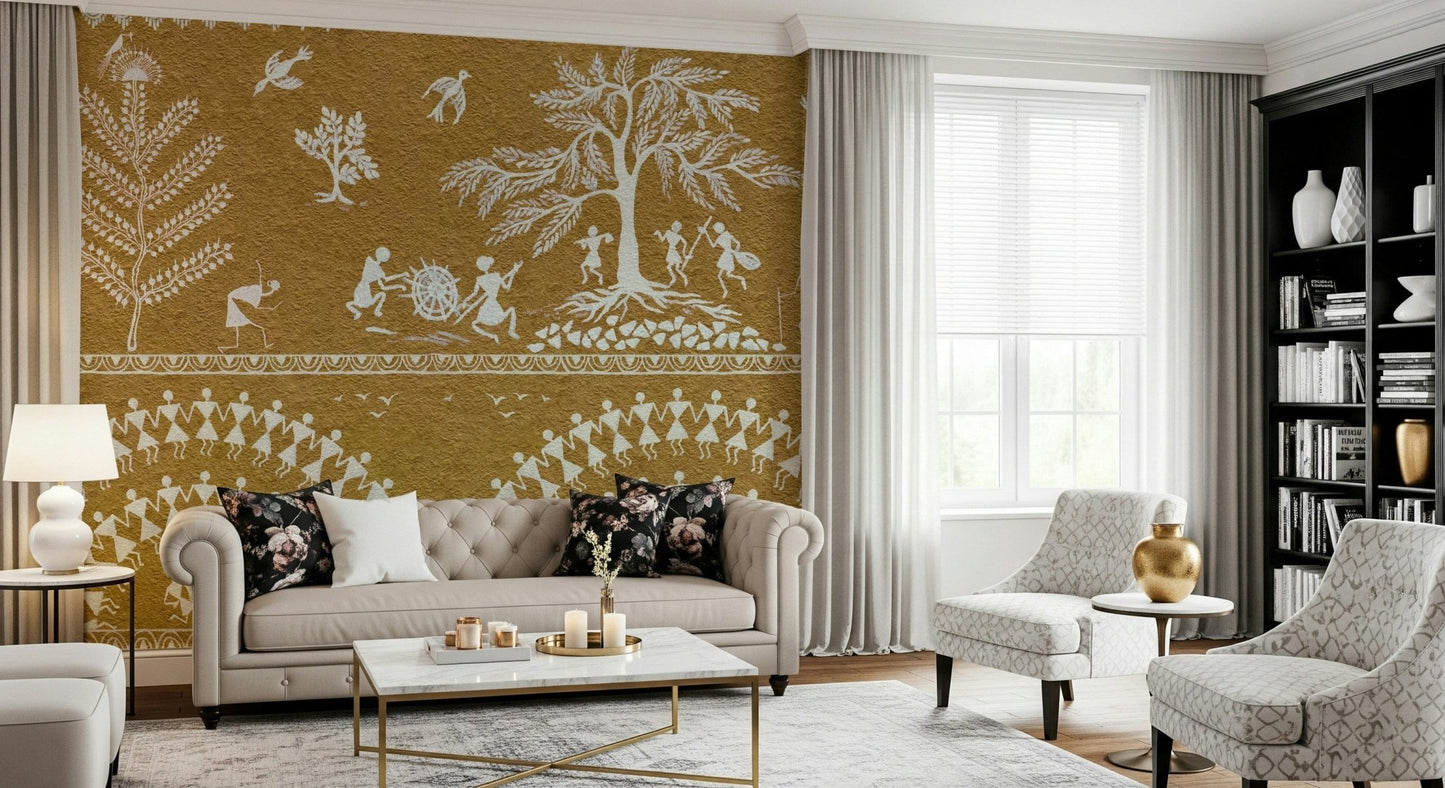 Bohemian style wall decor in a guest bedroom with natural wood accents.