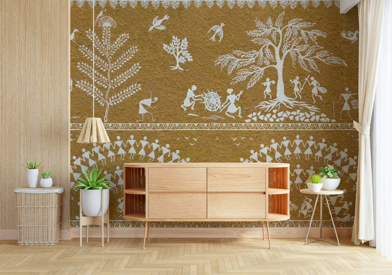Tribal Dance Wall Mural featuring abstract dancing figures in a modern apartment.