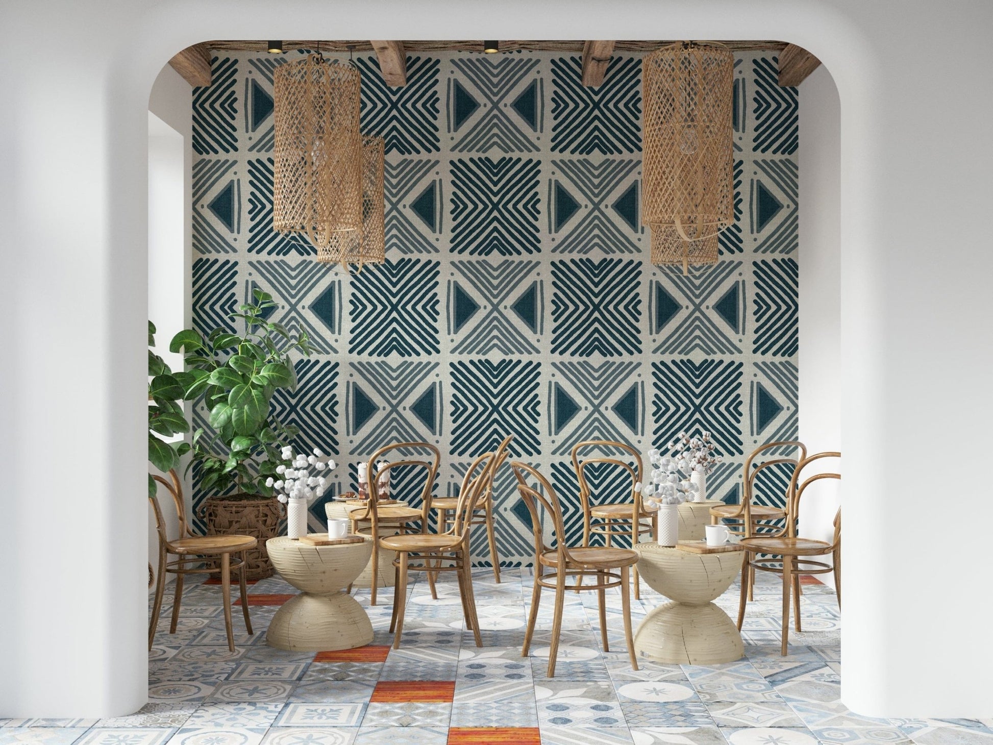 Navy geometric wallpaper for a bedroom home décor project with soft wool rugs.