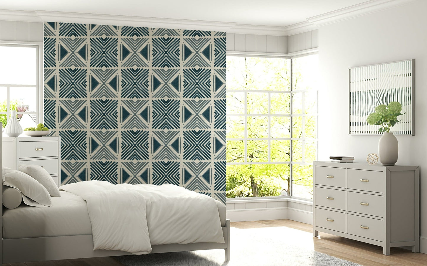 Tribal Denim Motif Wallpaper in a modern home office with oak shelving.