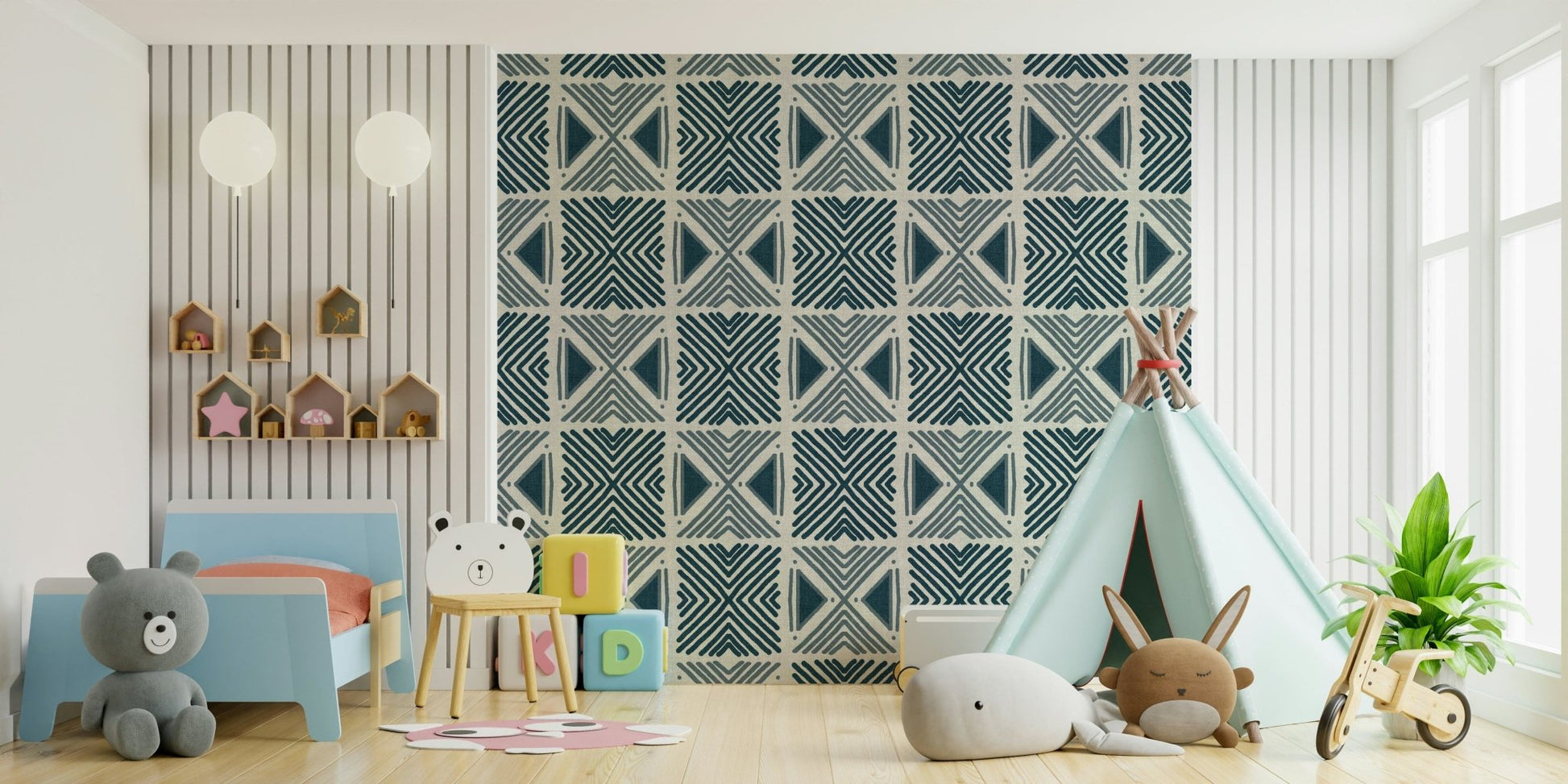 Ethnic print blue wallpaper for a creative sitting room feature wall.