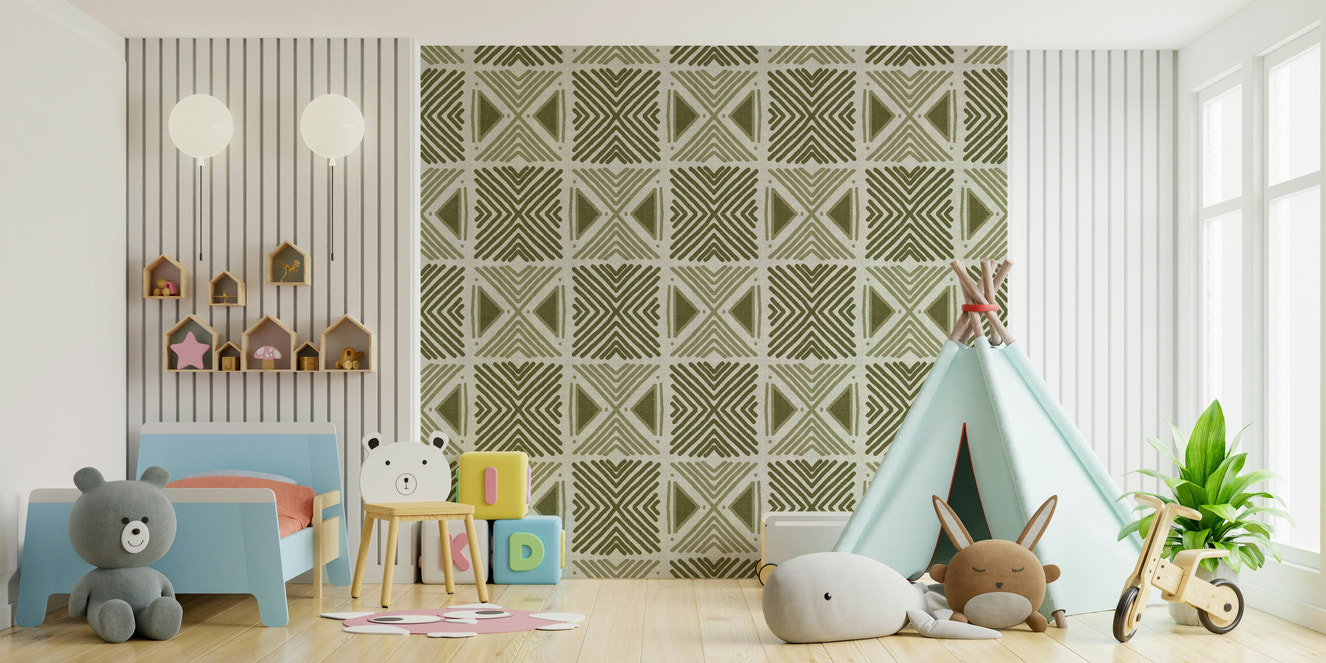 Earthy sage chevron Herbs Motif wall mural with traditional print pattern.