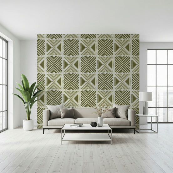 Khaki chevron and triangle design, Tribal Herbs Motif, accent wallpaper.