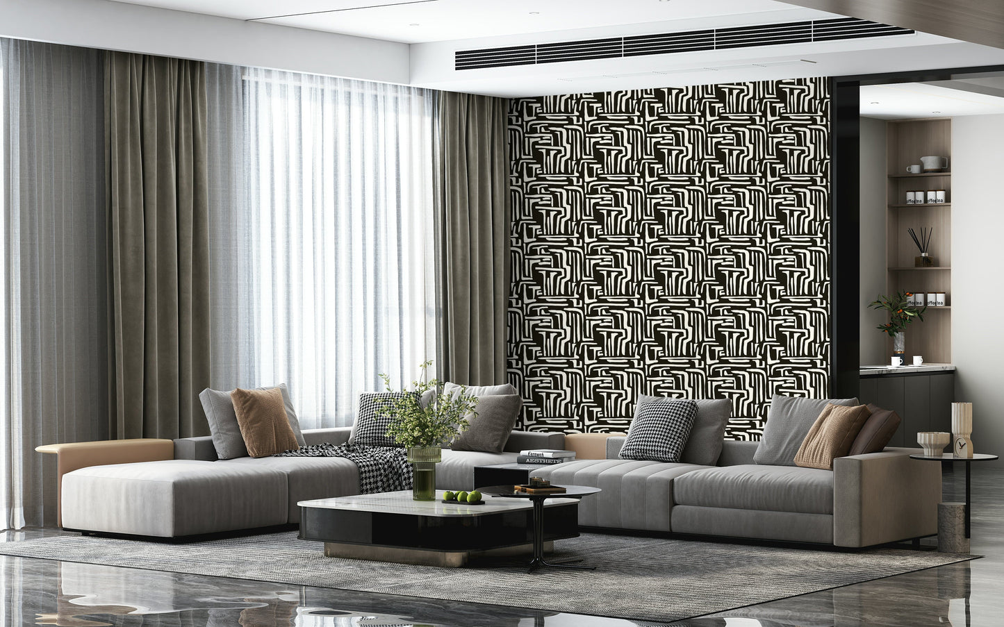 Graphic maze effect, strong visual impact, Modern Tribal Maze surface.