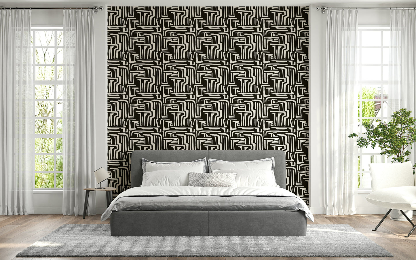 Interconnected abstract shapes, Modern Tribal Maze contemporary wall mural.