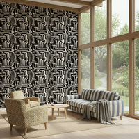 Striking linear arrangement, Modern Tribal Maze pattern wallpaper piece.