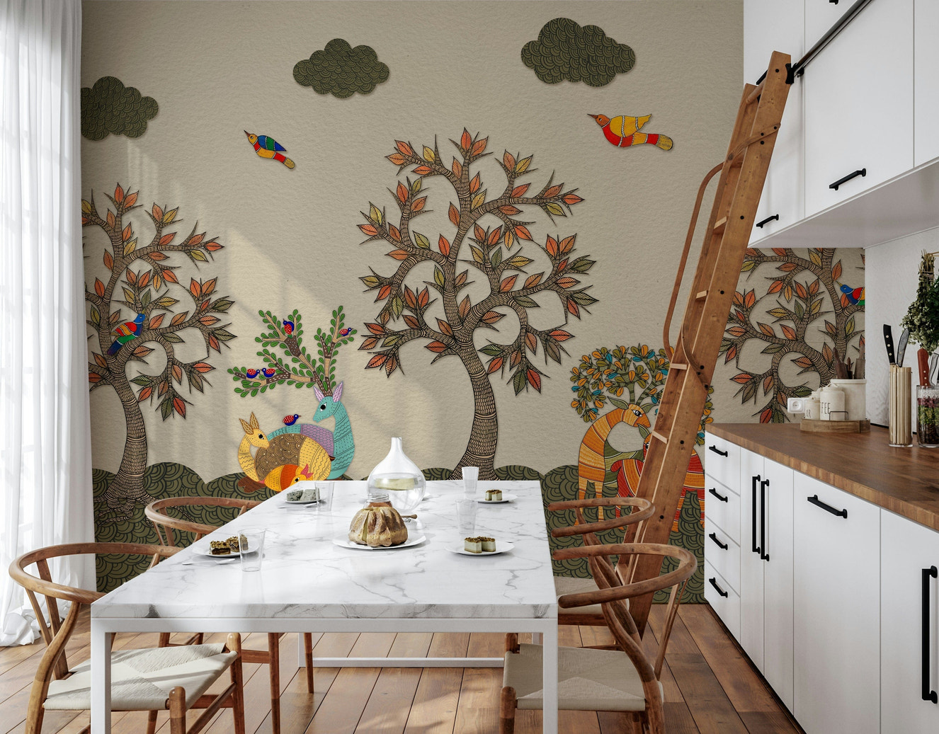 Nature wallpaper featuring hand-drawn trees, birds, and forest animals