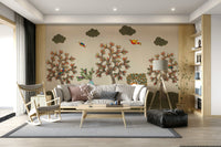Tree wallpaper with detailed branches, leaves, and woodland creatures