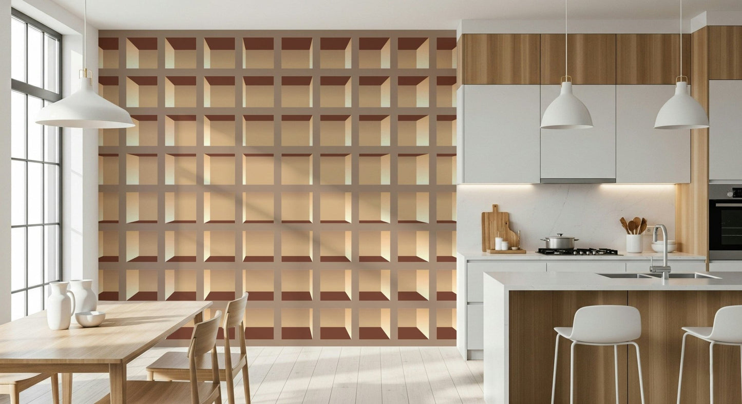 Built-in shelf illusion mural on living room TV wall, modern neutral style