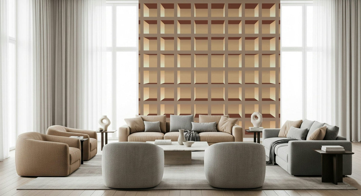 Neutral trompe l'oeil bookcase mural for modern living room feature wall