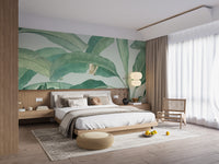 Minimalist white background bedroom wall mural with green banana leaves.