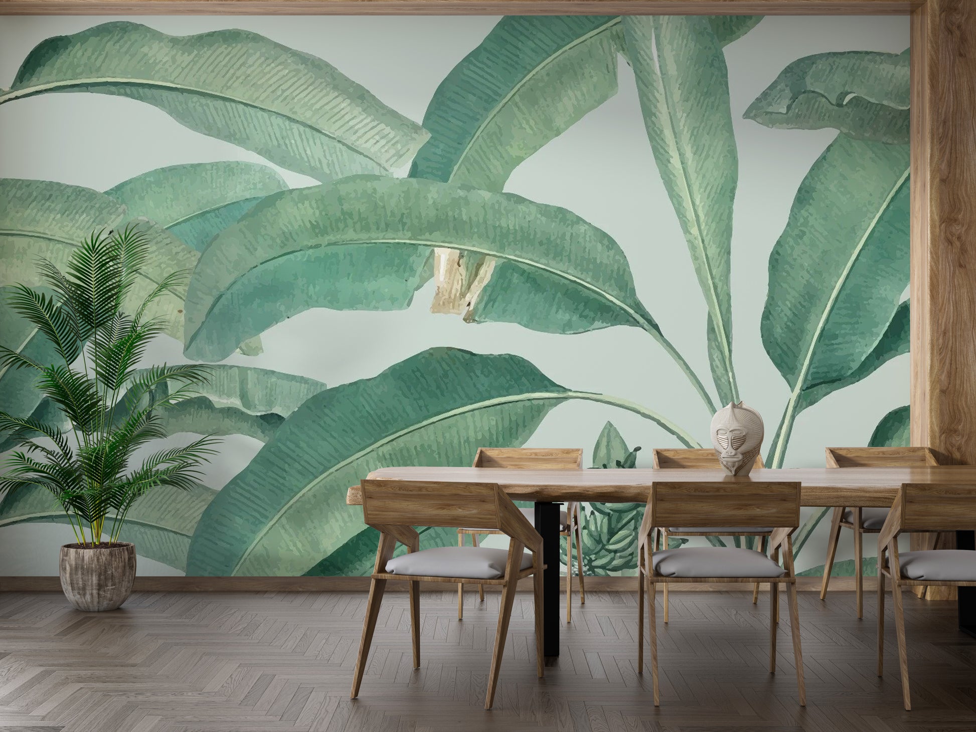 Hand-painted style Banana Leaf wall mural with exotic foliage and emerald shades.