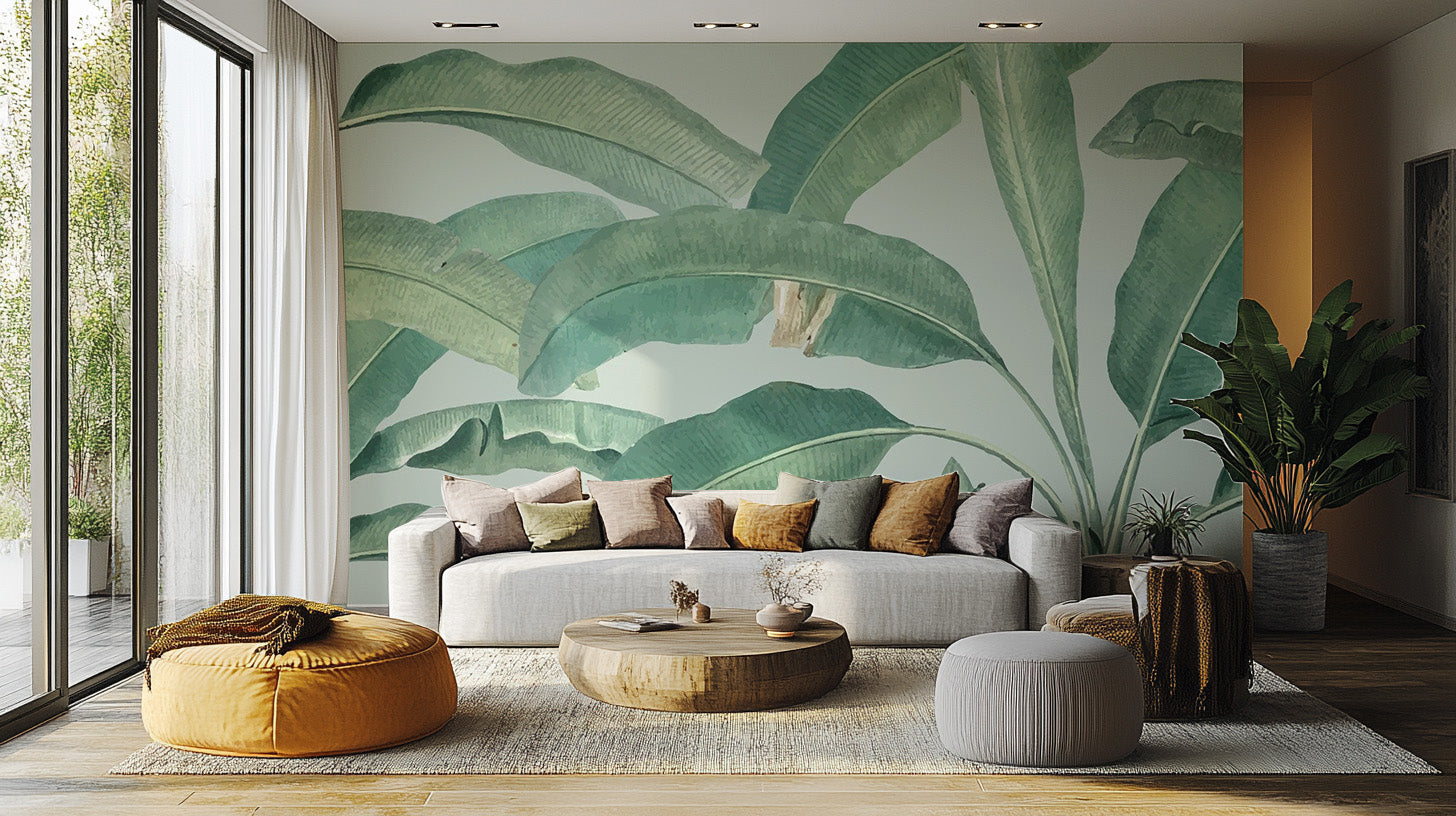 Vibrant Banana Leaf living room wall mural featuring overlapping jungle leaf patterns.