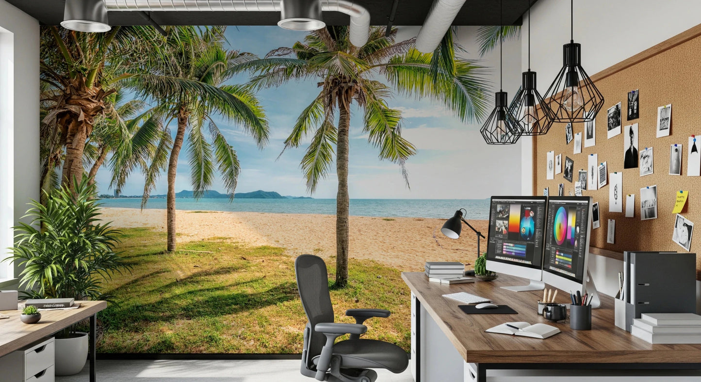 Tropical wall mural enhances open kitchen horizon