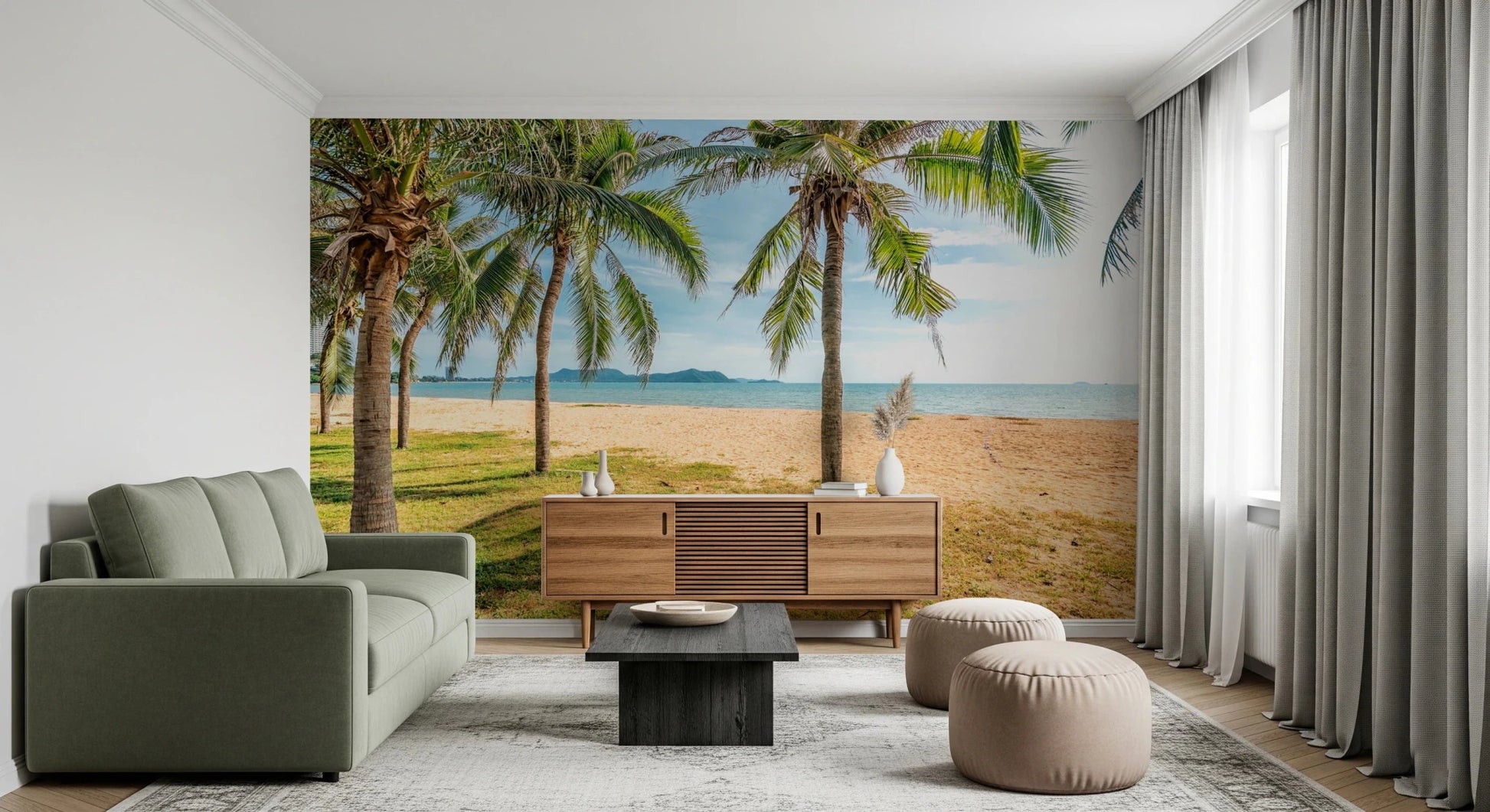 Palm beach wall mural over modern sofa with calm sea