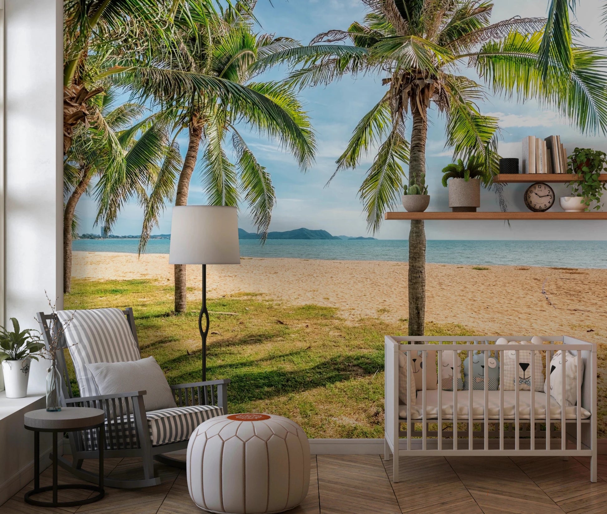 Beach wall mural pairs with cozy neutral decor palms