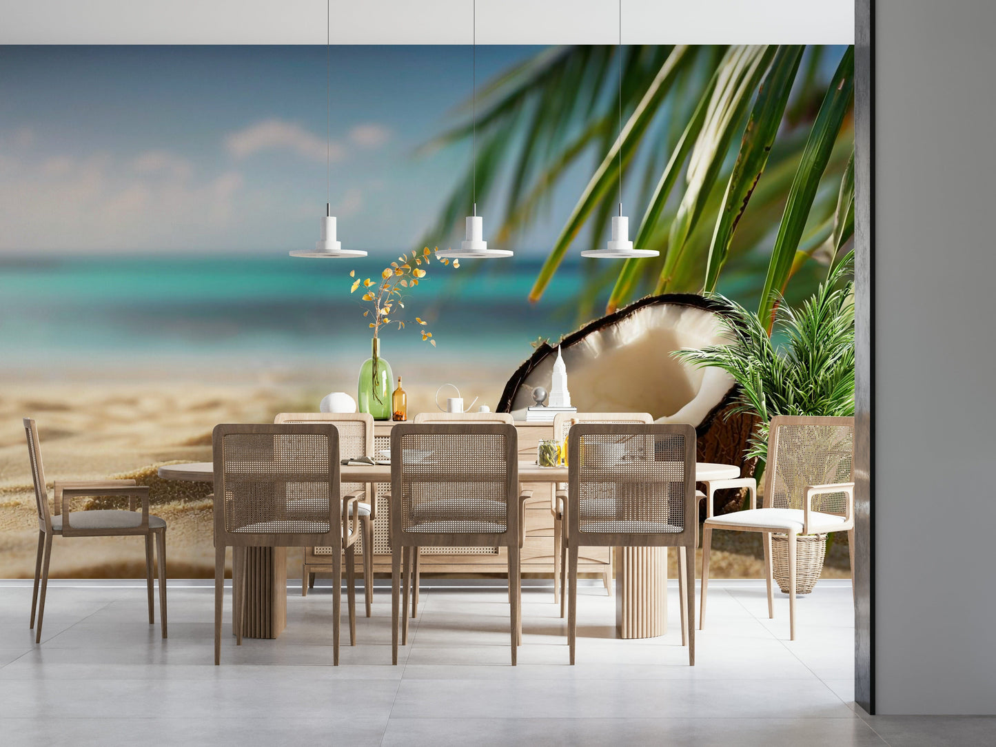 Chic tropical sketch wallpaper for a commercial office or creative studio.