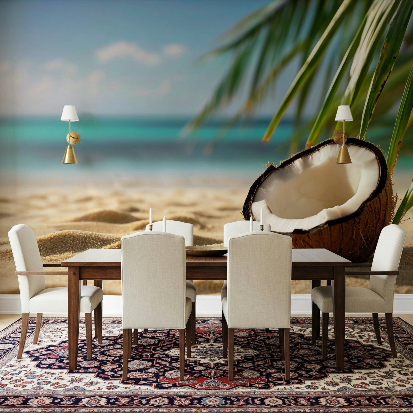 Minimalist palm leaf pattern wallpaper in a laundry room with clean white shelving.