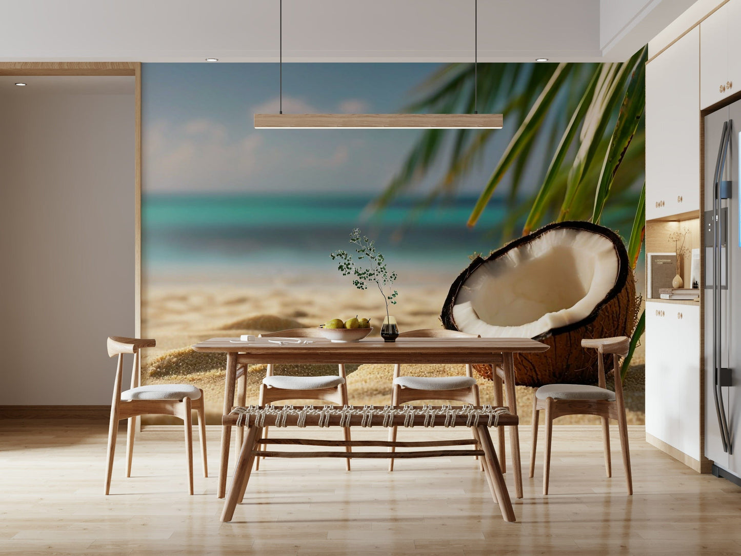 Tropical landscape wall mural in a contemporary bathroom or cloakroom.