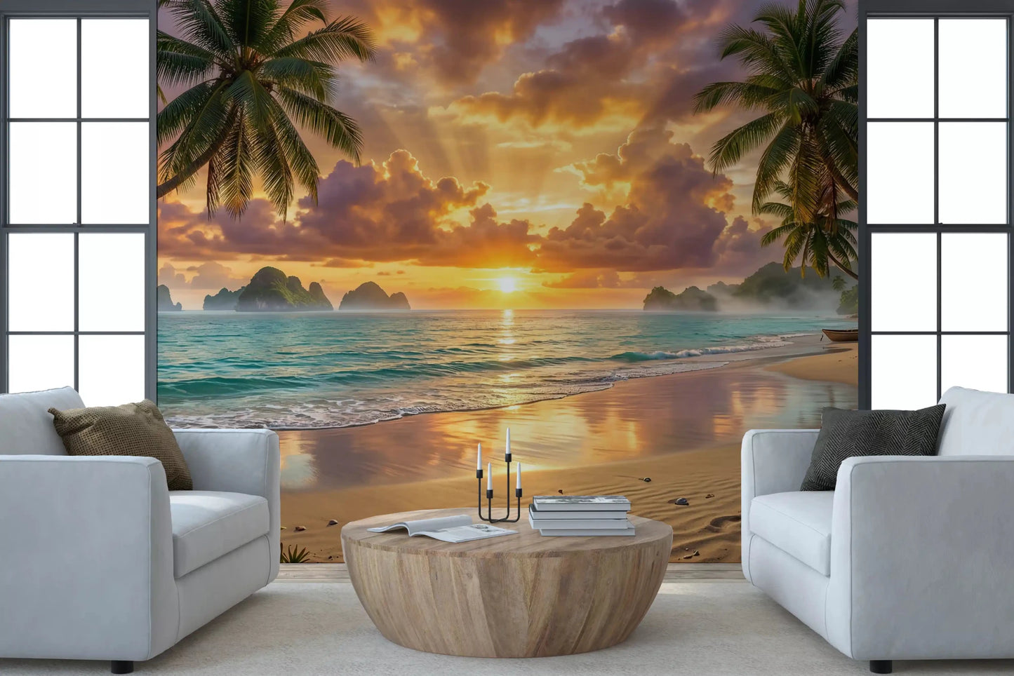 Minimalist tropical beach dawn wallpaper design for a clean modern apartment.