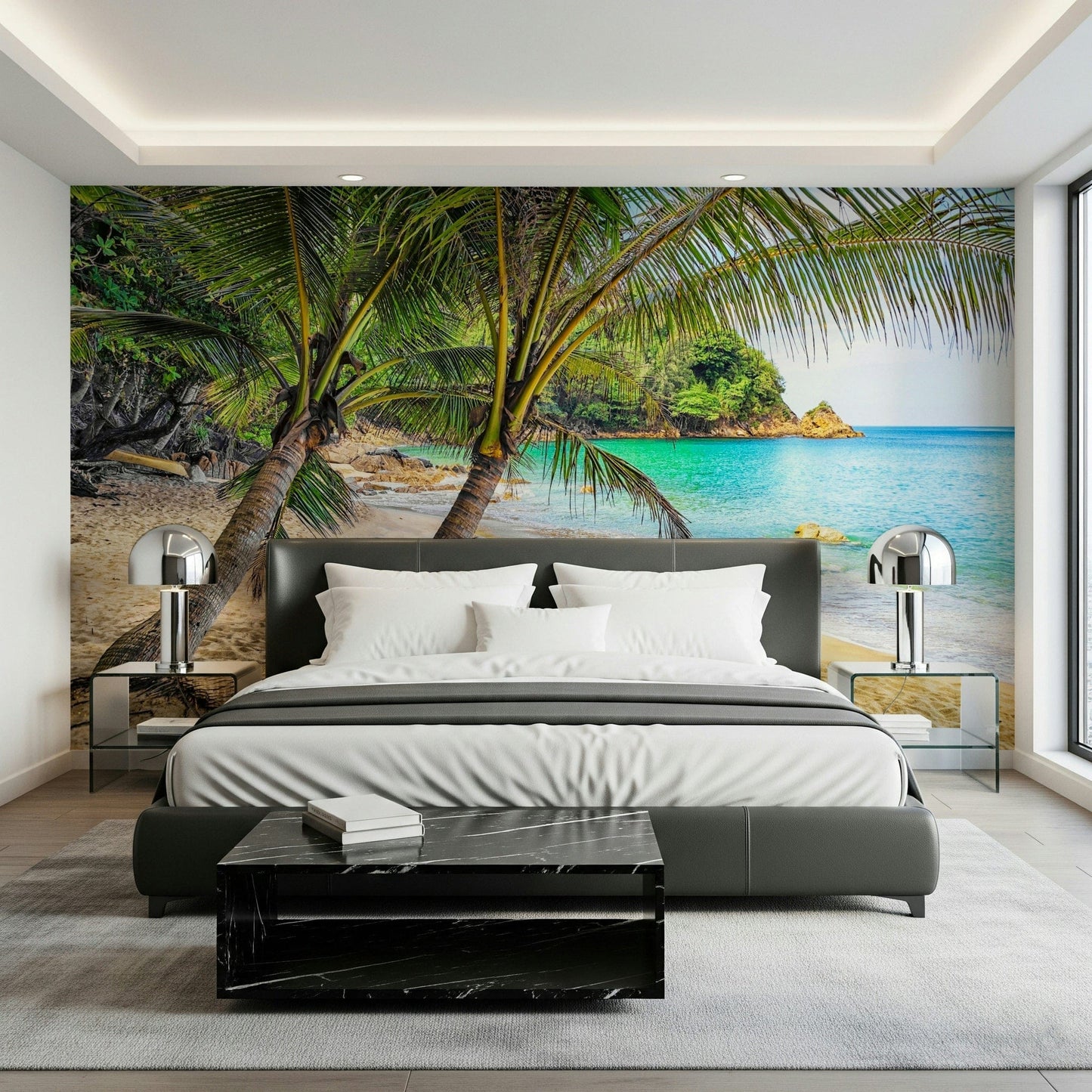 Tropical Beach Escape wallpaper mural of leaning palms over a turquoise cove behind a dark grey bed in a bedroom