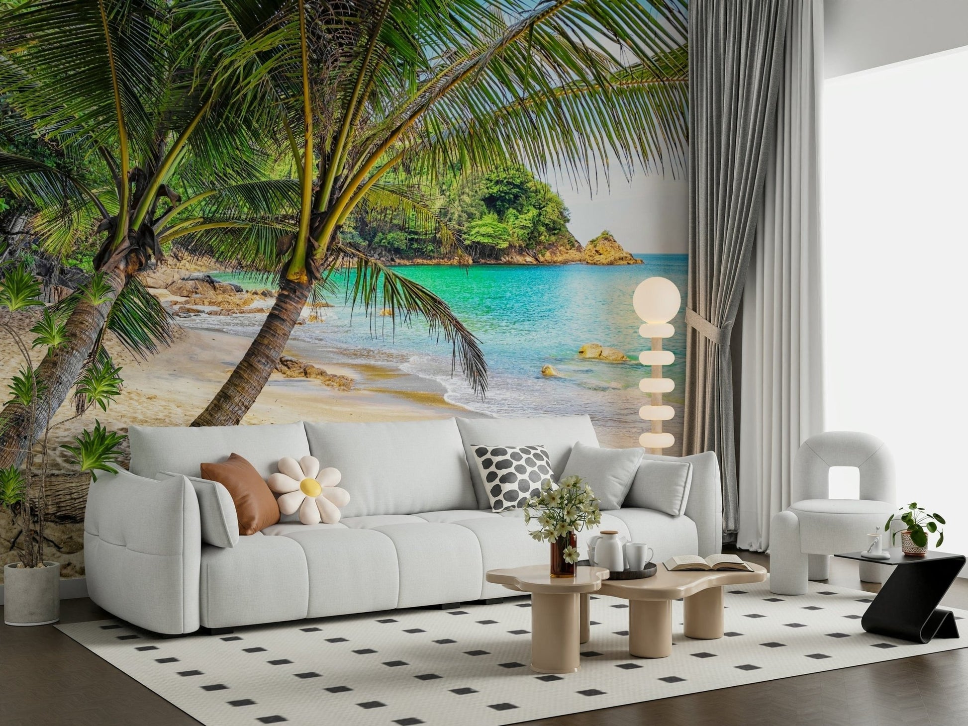Tropical Beach Escape wallpaper mural of leaning palms over a cove behind a white sofa and globe floor lamp