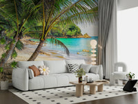 Tropical Beach Escape wallpaper mural of leaning palms over a cove behind a white sofa and globe floor lamp