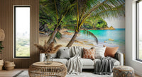 Tropical Beach Escape wallpaper mural of a turquoise lagoon behind a grey sofa and wood-slat wall in a living room
