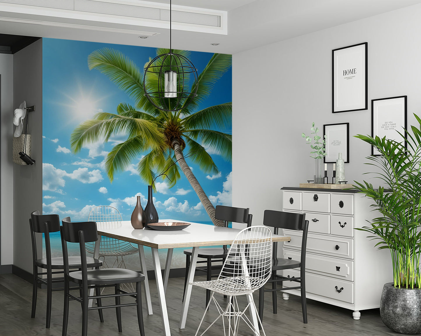 Serene Tranquil Beach Wall Mural behind bed in airy bedroom, pale blue sea and beige shore