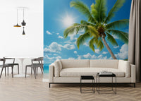 Apartment entryway with seaside wall mural, light blue horizon, neutral sand colours, calm mood