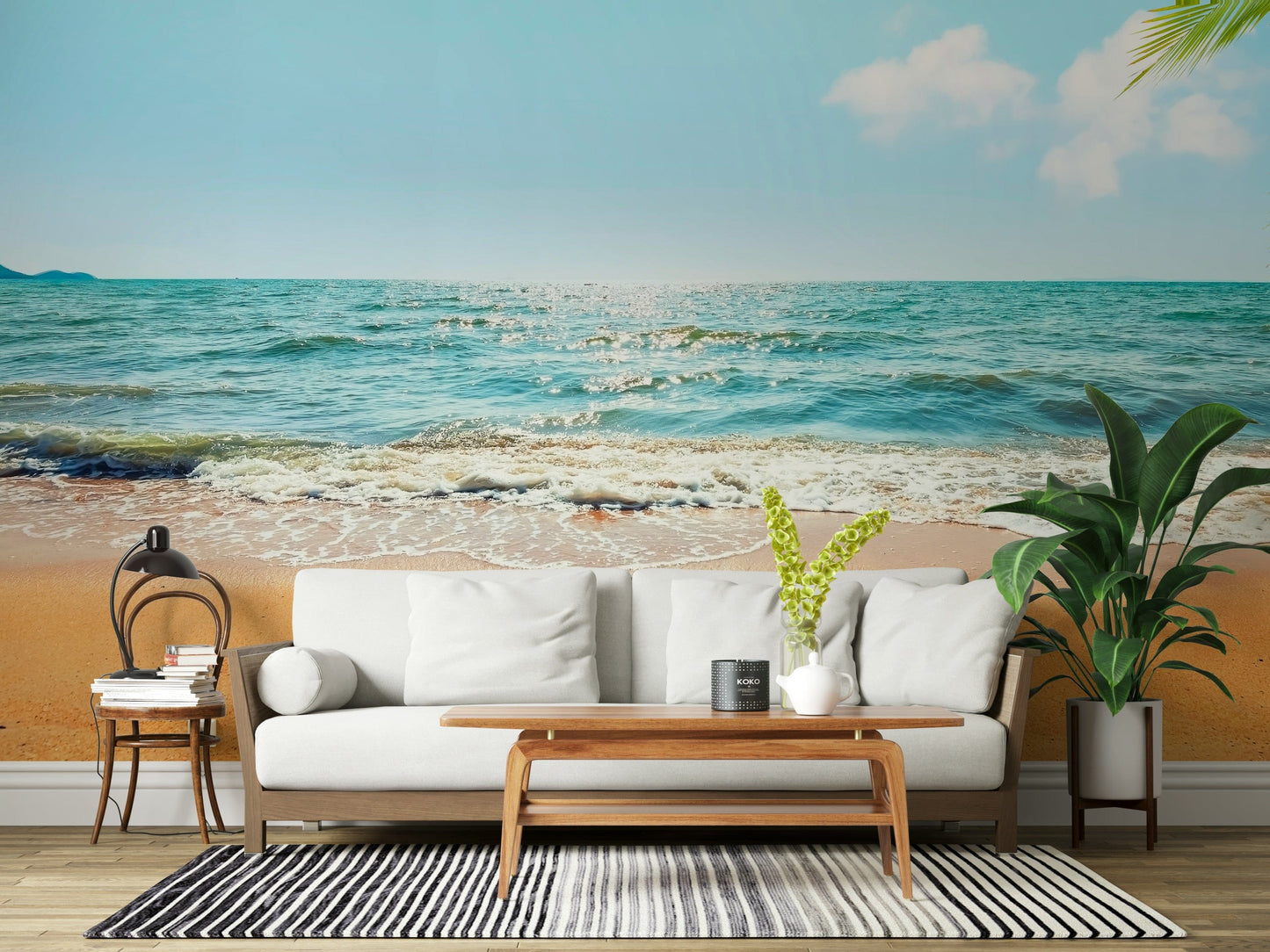 Coastal paradise imagery Tropical Escape peel and stick wallpaper.