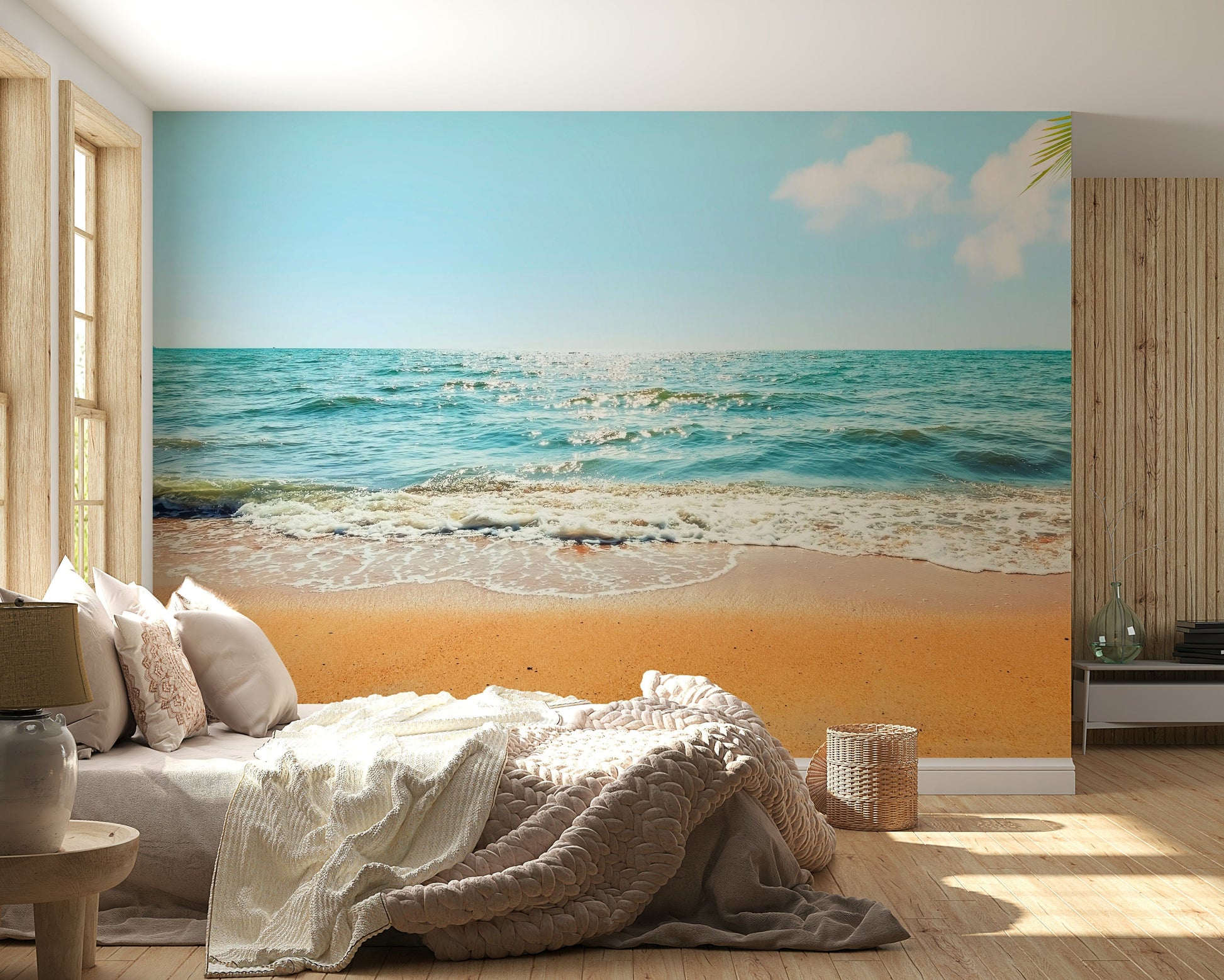 Turquoise waves crashing Tropical Escape wallpaper mural.