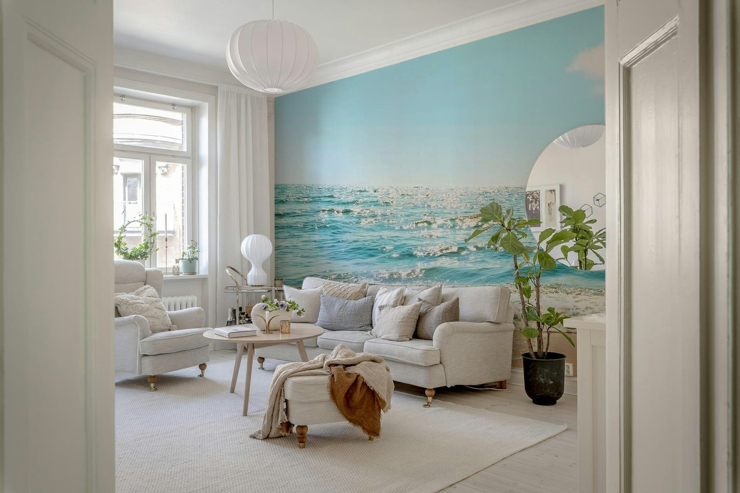 Tropical Escape peel and stick wallpaper serene seaside view.