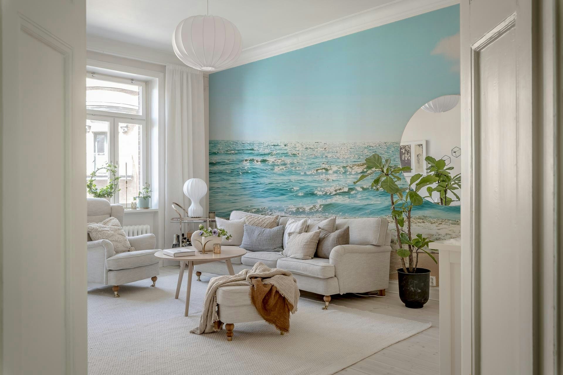 Tropical Escape peel and stick wallpaper serene seaside view.