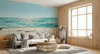 Tropical Escape golden sand beach wallpaper for walls.