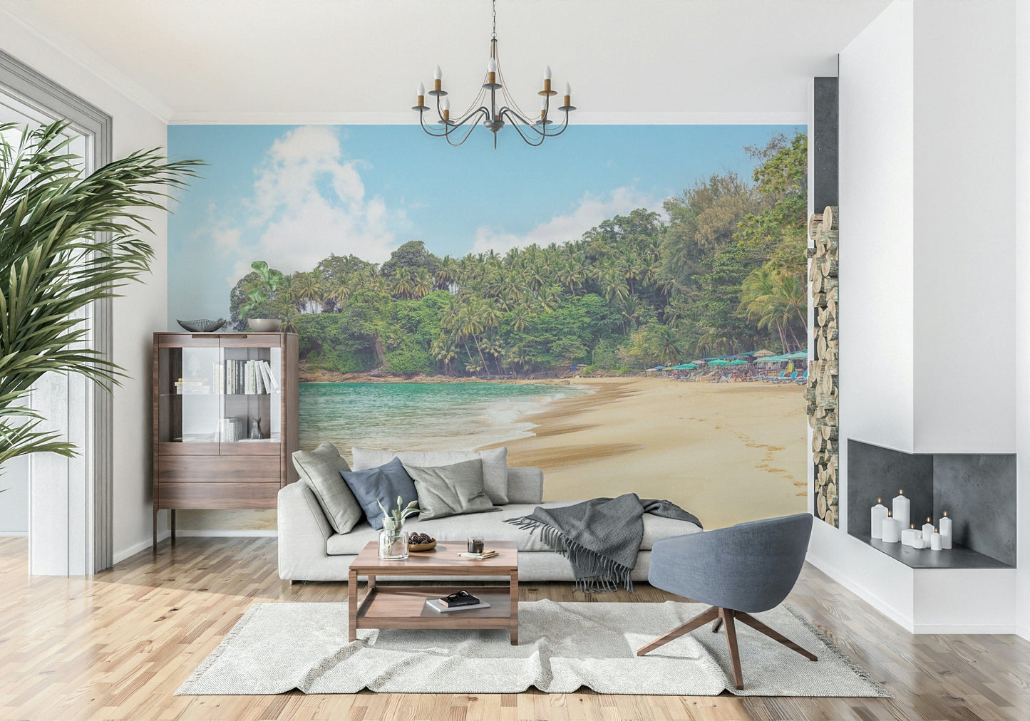 Nature-themed wall mural with beach landscape and gentle sky cloud wallpaper