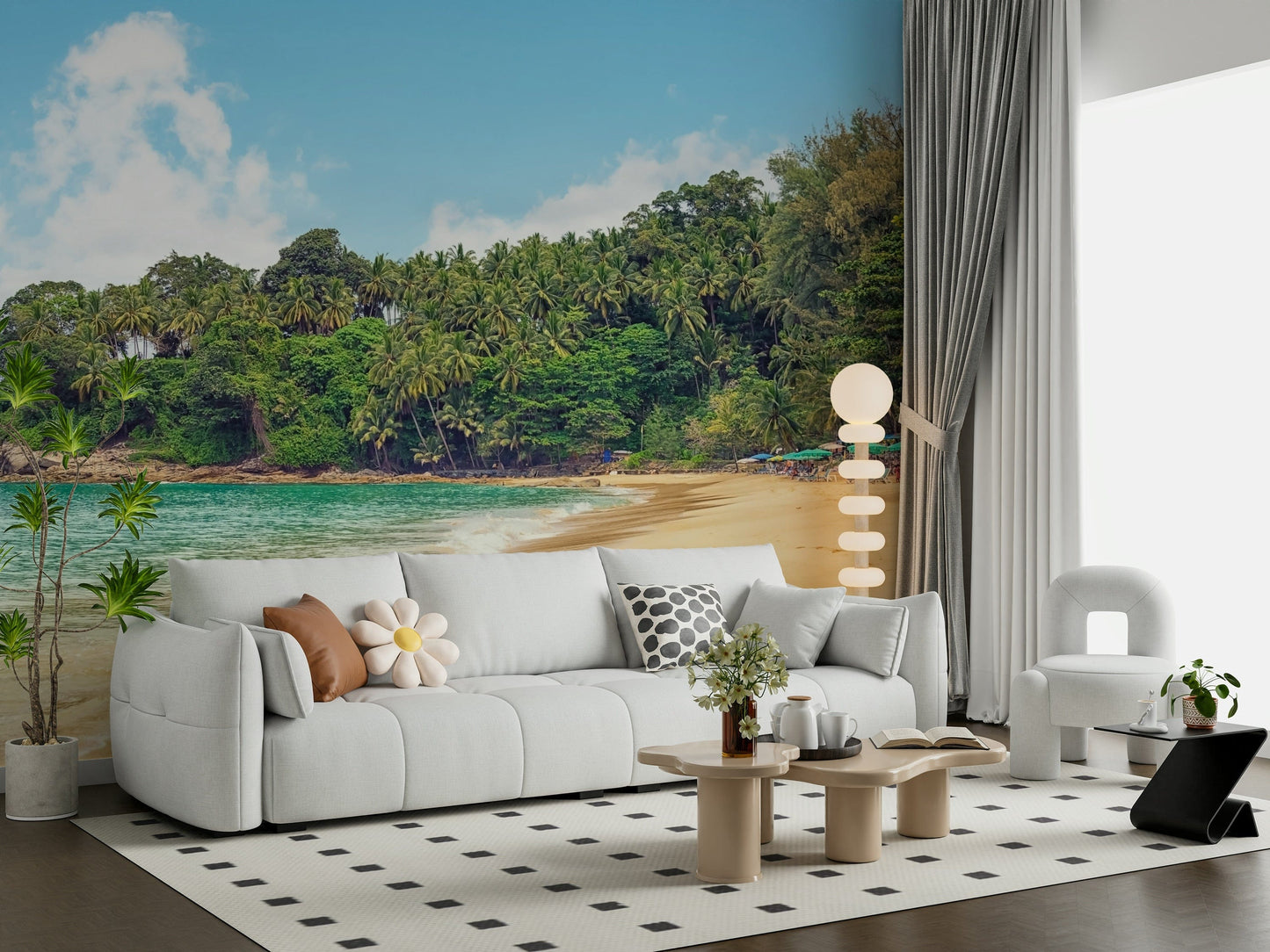 Coastal wall mural displaying lush greenery, clear water, and natural sky clouds