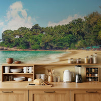 Tropical nature wall mural behind bed with ocean horizon and light clouded sky