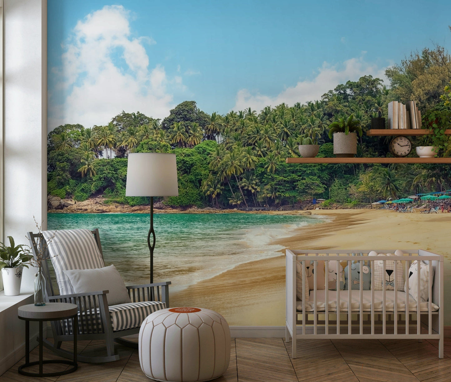 Peaceful seaside wall mural with palm forest, sandy beach, and sky cloud wallpaper