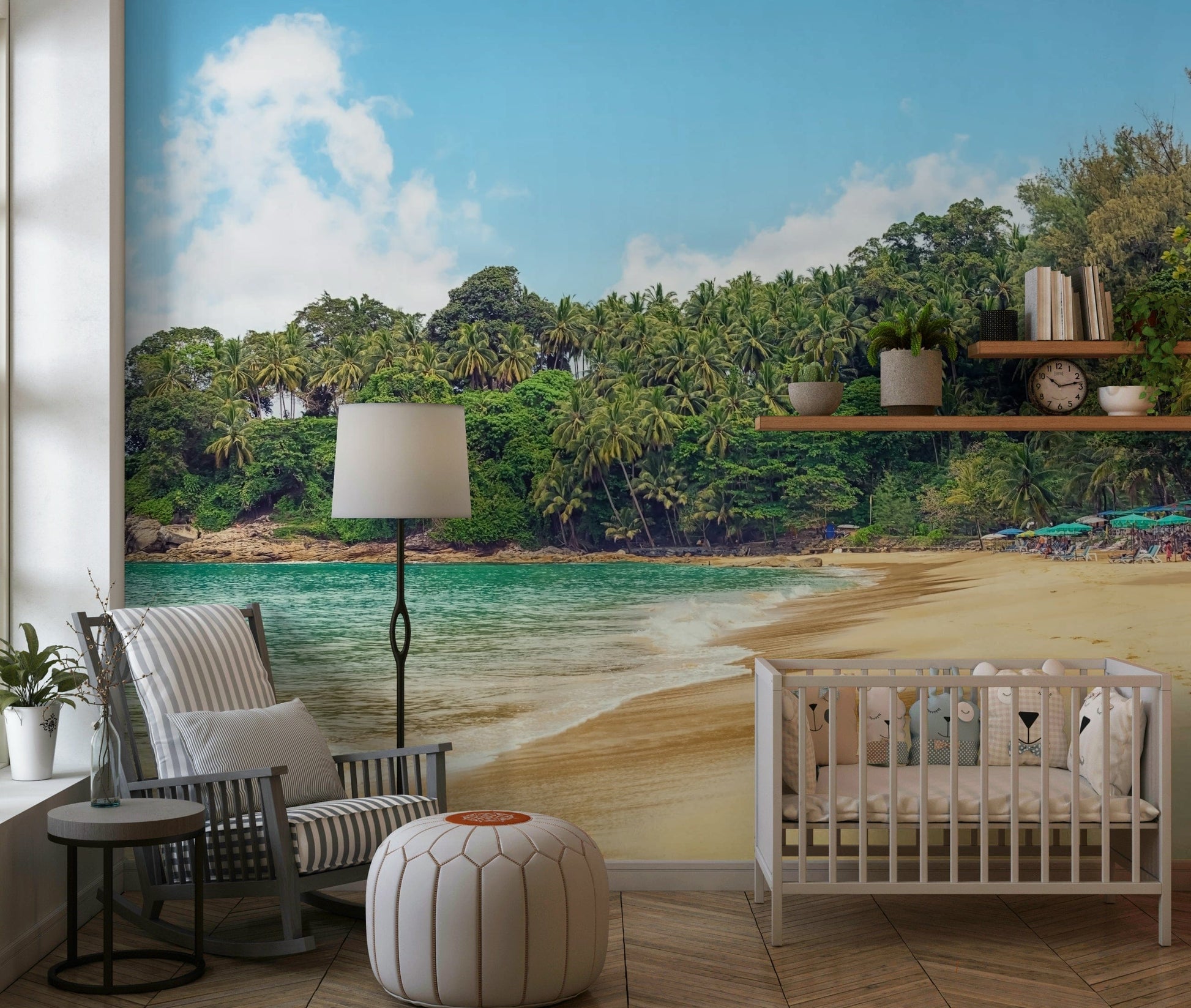 Peaceful seaside wall mural with palm forest, sandy beach, and sky cloud wallpaper