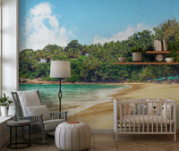 Peaceful seaside wall mural with palm forest, sandy beach, and sky cloud wallpaper
